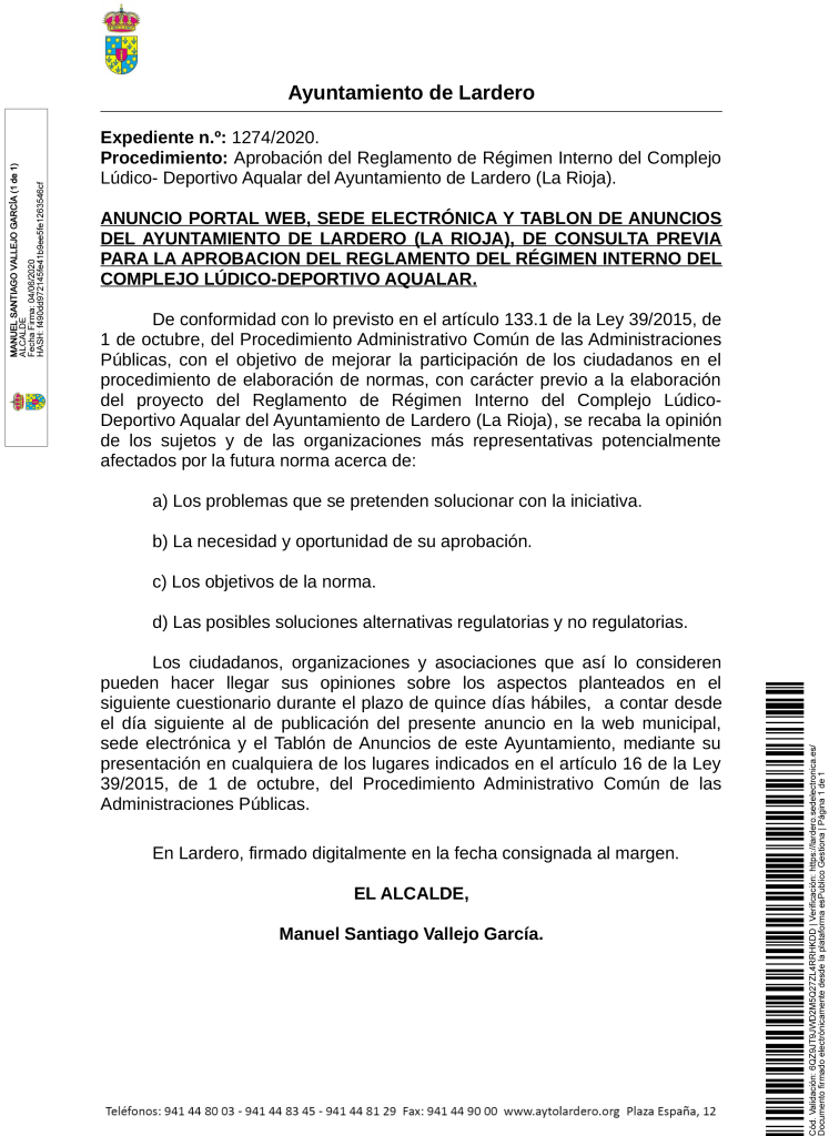 ANUNCIO PREVIO REGLAMENTO AQUALAR