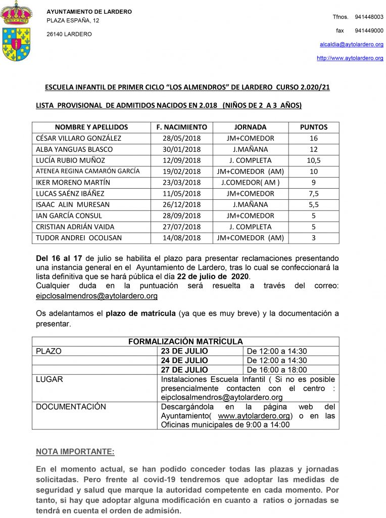 Lista provisional de 2 a 3 años